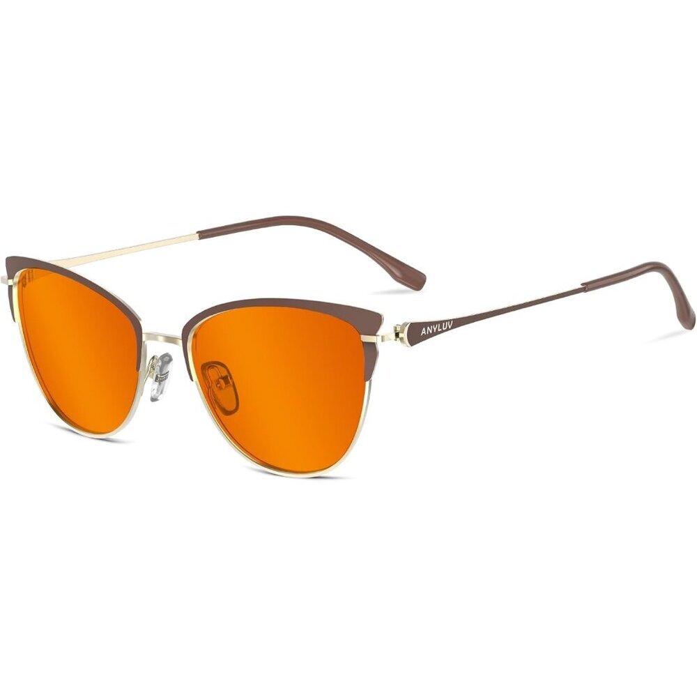 Women Brown Cat Eye Look Clear Frame Orange Lens Anti Eyestrain Blocking Glasses